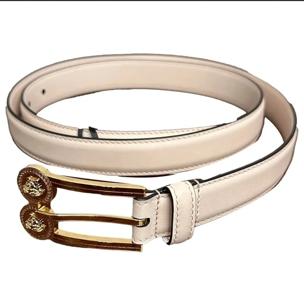 Versace La Medusa Double Coin Logo Beige Leather Belt